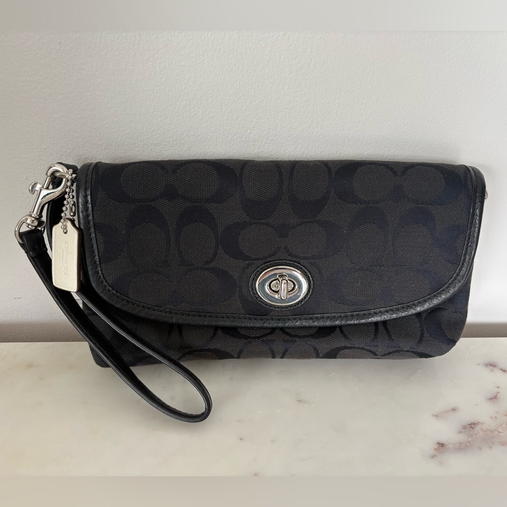 Coach Signature Clutch Wristlet Bag, Black with Silver Accents